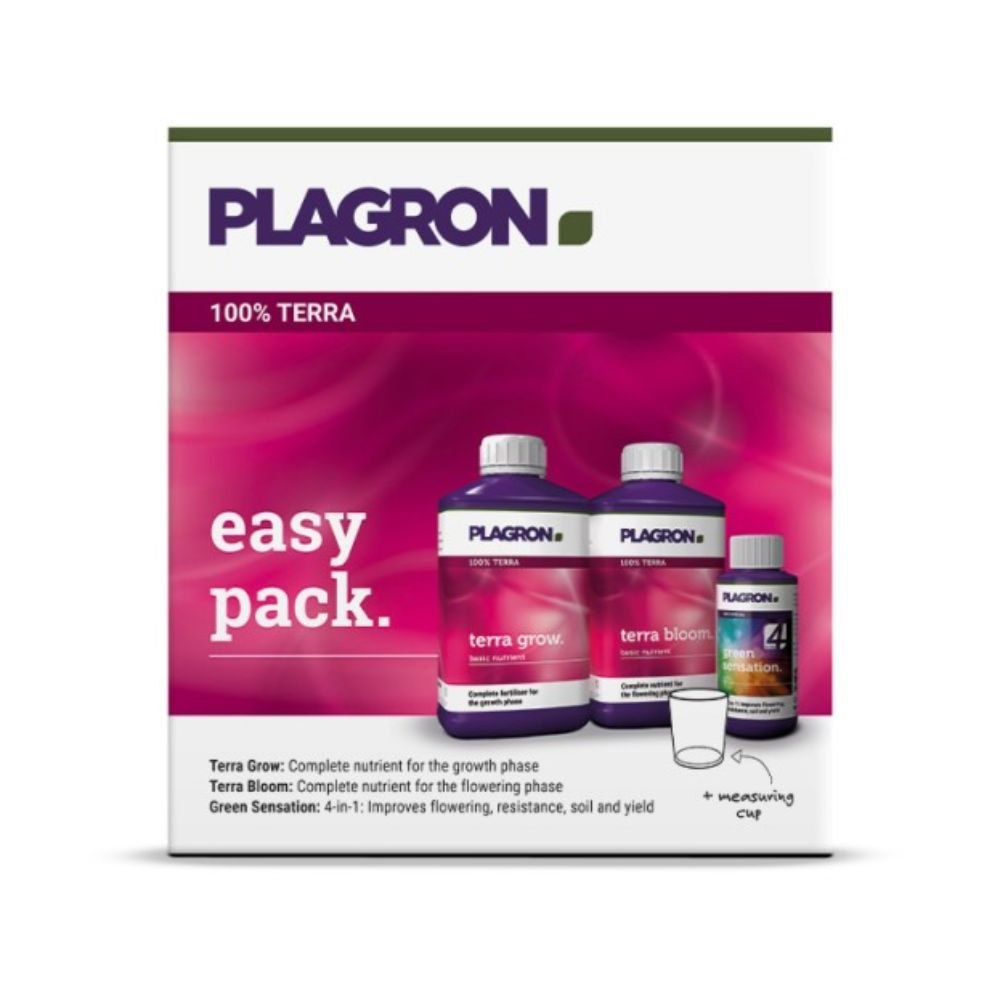 Plagron Easy Pack Terra di Bertels B.V. contiene fertilizzante al 100% minerale nelle bottiglie "Terra Grow", "Terra Bloom" e "Green Sensation". Un misurino è incluso nella confezione e promette una fioritura migliorata, resistenza, salute del suolo e aumento della resa.