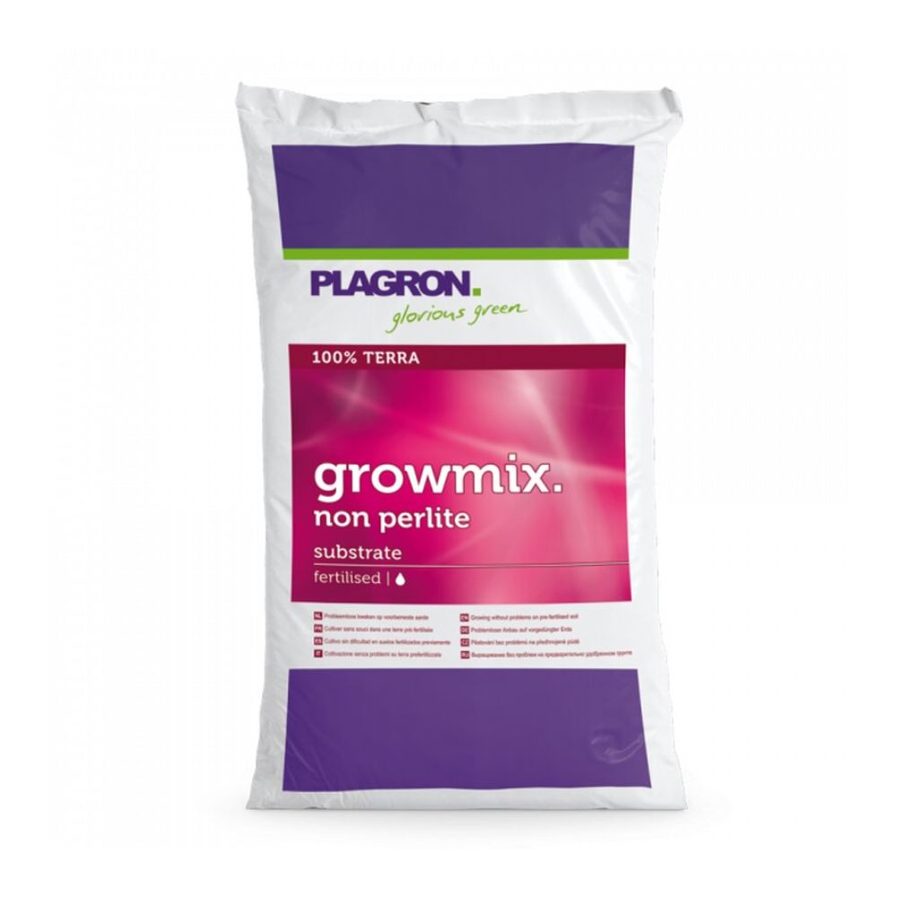 L'immagine mostra una borsa bianca Plagron Growmix 50 l - senza Perlite di Bertels B.V. con accenti viola e rosa e la scritta "Terriccio premium, pre-fertilizzato per una fertilizzazione al 100% Terra, per garantire una crescita sana delle piante".