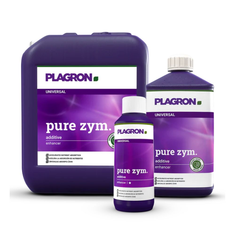 Vengono mostrati tre contenitori con Plagron Pure Zym di Bertels B.V., un miglioratore del suolo naturale con enzimi. Sullo sfondo c'è un grande contenitore viola, davanti una bottiglia media e una piccola. Ogni bottiglia ha un'etichetta viola con testo bianco.