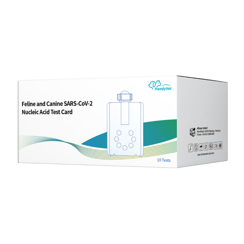 Una scatola bianca con la scritta "Handyvet SARS-CoV-2 PCR-Testkits per la medicina veterinaria" di Pluslife, con onde blu e verdi, logo HandyVet e simboli per 10 test - ideale per applicazioni veterinarie.