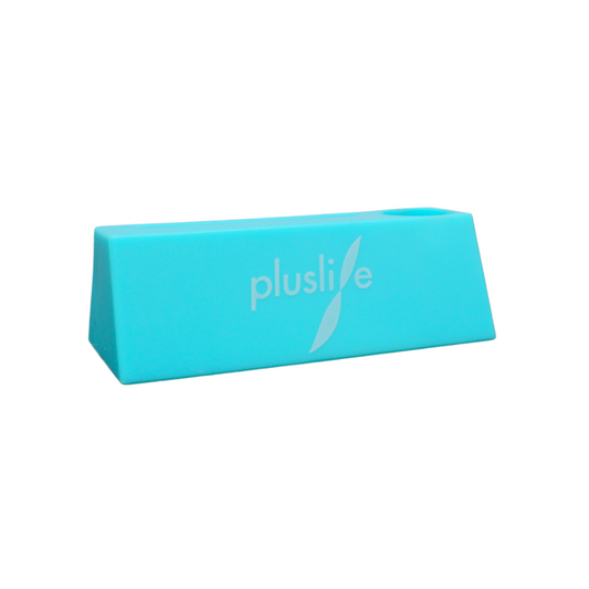 Ein blauer, trapezförmiger Türstopper aus Gummi mit dem Markennamen „pluslife“ in Weiß und einem Blattdesign daneben. Das Pluslife PCR-Testgerät, Halterung | Packung (1 Stück) hat eine glatte, glänzende Oberfläche und ist somit ein ideales Zubehör für Ihr Pluslife PCR-Testgerät.
