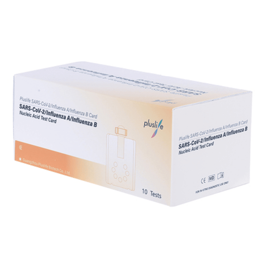 Una confezione di kit di test Pluslife SARS-CoV-2 / Influenza A / Influenza B (10 test) per test sugli acidi nucleici contiene 10 test.