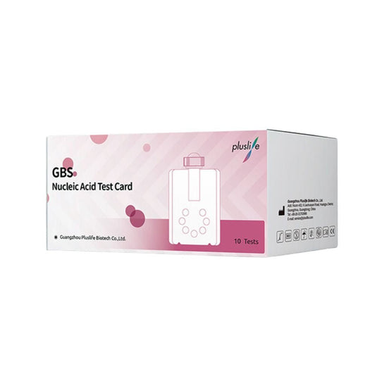I kit di test per lo streptococco di gruppo B Pluslife della MedRhein GmbH vengono forniti in una confezione rosa e bianca che consente una rapida diagnosi in vitro dello streptococco di gruppo B, contiene 10 test ed è prodotta dalla Guangzhou Pluslife Biotech Co., Ltd.