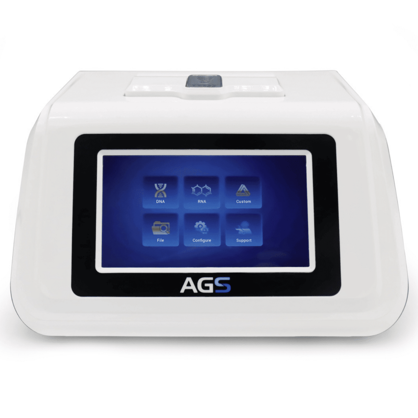 Un dispositivo da laboratorio PCR Pure Kit del marchio Altruan con un grande touchscreen digitale con icone per DNA, RNA, file, configurazione e supporto sul display, racchiuso in un involucro bianco.