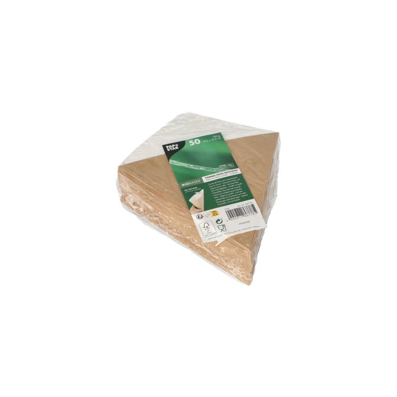 Un set di coni di patatine fritte "pure" PAPSTAR con angolo per salsa, realizzati con materie prime rinnovabili, è confezionato in una pellicola di plastica trasparente. La confezione è dotata di un'etichetta verde con informazioni sul prodotto e codice a barre. I contenitori ToGo triangolari marroni/bianchi misurano 19,5 cm x 16,5 cm e possono contenere fino a 100 g.