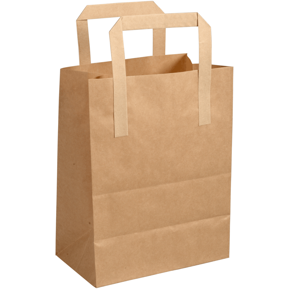 La borsa di carta con manico, marrone di Abena Re-Seller GmbH, è in piedi su uno sfondo bianco. La borsa riciclabile ed ecologica è vuota e ha i lati piegati ordinatamente.