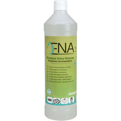 Una bottiglia di plastica da 1 litro ENA Eliminatore Biologico di Odori di Abena Re-Seller GmbH con etichetta verde e tappo bianco, con informazioni multilingue e simboli per l'uso su tessuti, contenitori e in cucina.