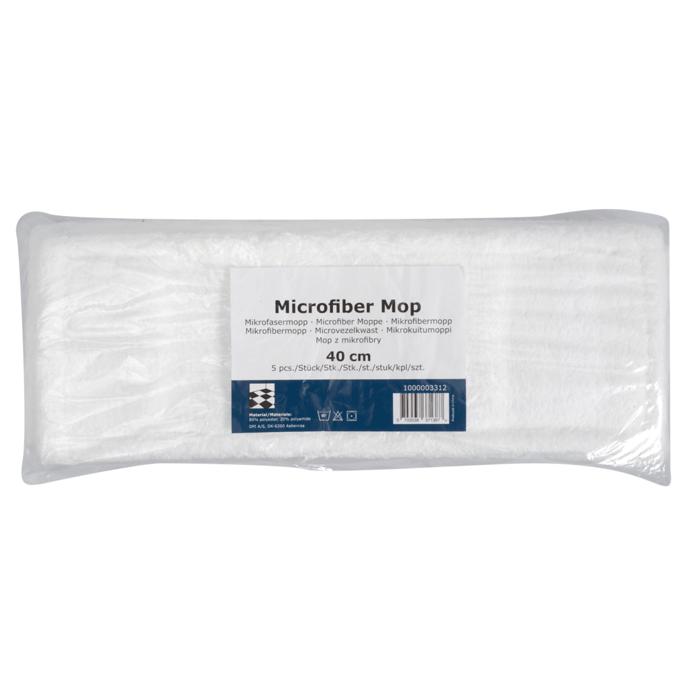 Il mop in microfibra standard Abena Re-Seller GmbH, bianco, è una confezione di ricarica da 5 pezzi rettangolare di 40 cm con etichetta blu-bianca - ideale per la pulizia sostenibile.