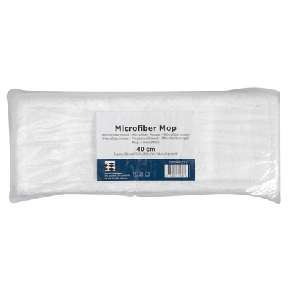 Il mop in microfibra standard Abena Re-Seller GmbH, bianco, è una confezione di ricarica da 5 pezzi rettangolare di 40 cm con etichetta blu-bianca - ideale per la pulizia sostenibile.