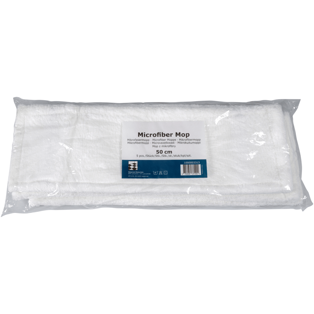 Nell'immagine è mostrato un mop in microfibra standard confezionato, bianco della Abena Re-Seller GmbH, con una lunghezza di 50 cm in una custodia di plastica trasparente con un'etichetta del prodotto che contiene il nome, la dimensione e informazioni sulla pulizia sostenibile.