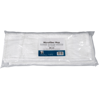 Nell'immagine è mostrato un mop in microfibra standard confezionato, bianco della Abena Re-Seller GmbH, con una lunghezza di 50 cm in una custodia di plastica trasparente con un'etichetta del prodotto che contiene il nome, la dimensione e informazioni sulla pulizia sostenibile.