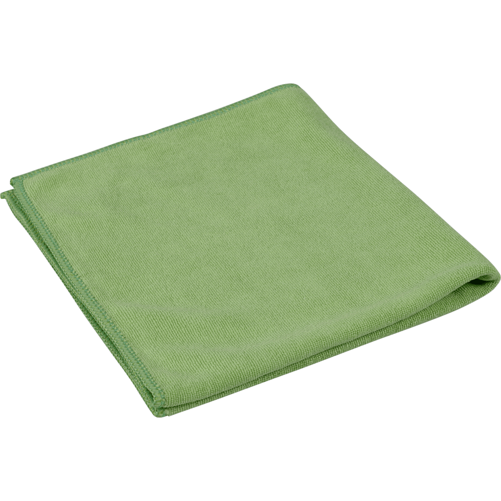 Un panno in microfibra verde piegato ENA Soft, 40x40 cm di Abena Re-Seller GmbH per la cura dell'auto è mostrato su sfondo bianco.
