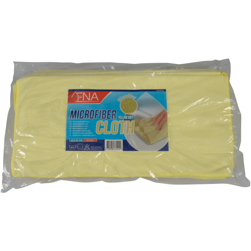 Il panno in microfibra ENA Soft di Abena Re-Seller GmbH (40x40 cm) è fornito in una confezione trasparente con informazioni sul prodotto e l'immagine di una mano che utilizza il panno in microfibra giallo per la cura dell'auto, in modo che questo panno per la pulizia sia visibile e accessibile.
