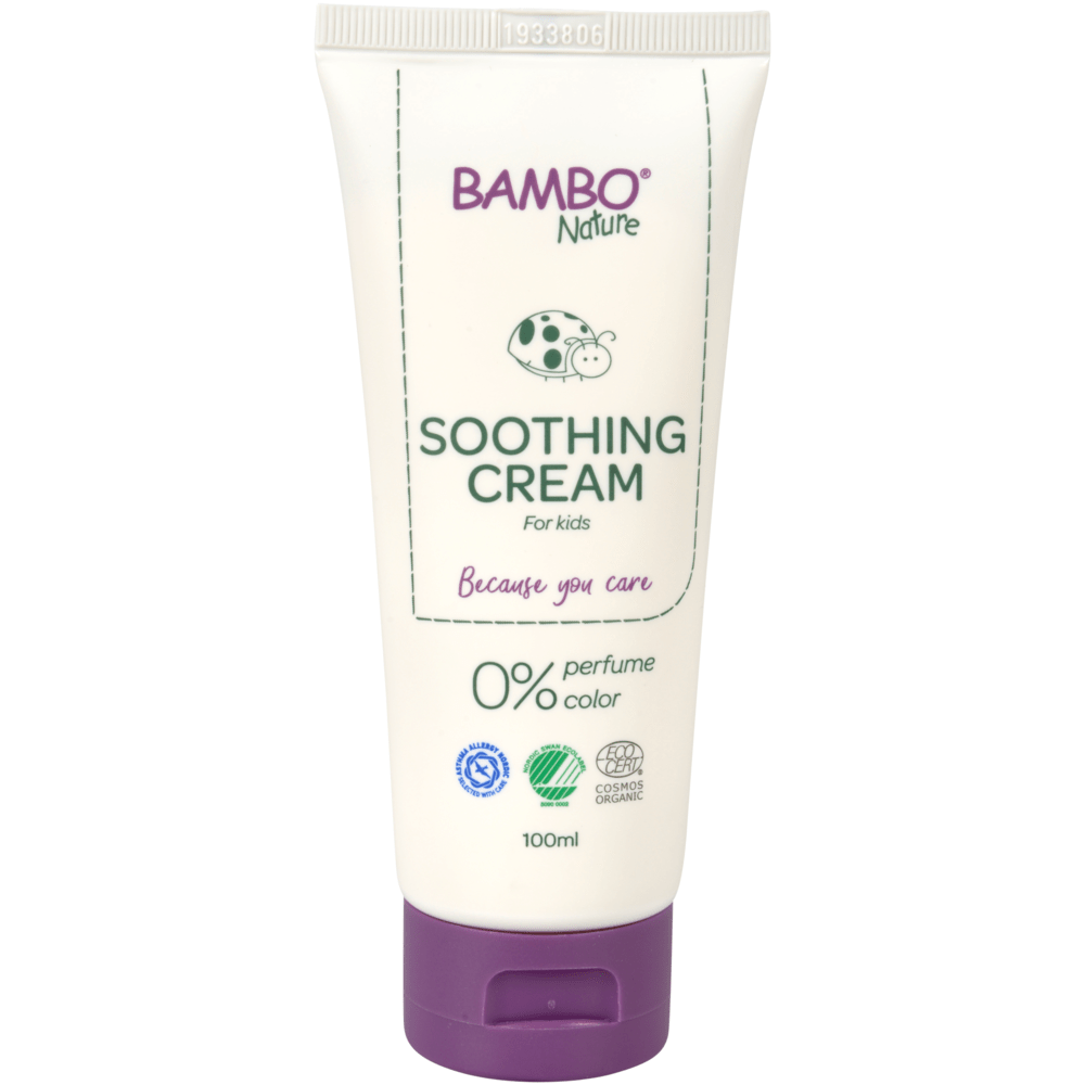 Un tubo bianco da 100 ml di crema per la cura Bambo Nature di Abena Re-Seller GmbH, senza coloranti e profumi, ideale per pelli sensibili, con tappo viola, logo verde, simboli di certificazione. Venduto come confezione (6 pezzi).
