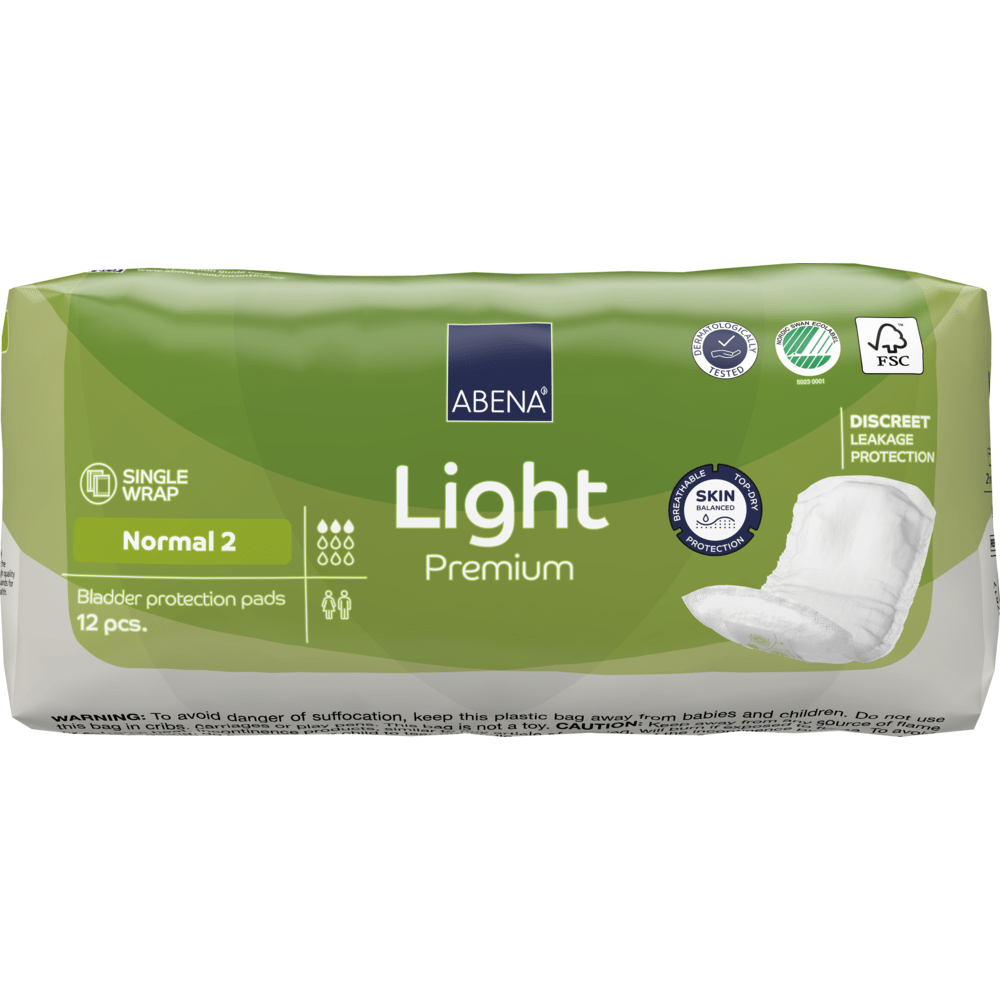 Una confezione ABENA Light Normal 2, Premium di Abena Re-Seller GmbH (12 pezzi) offre protezione discreta dalle perdite e alta assorbenza. La confezione verde-bianca mostra con informazioni sul prodotto e pittogrammi i vantaggi avanzati.