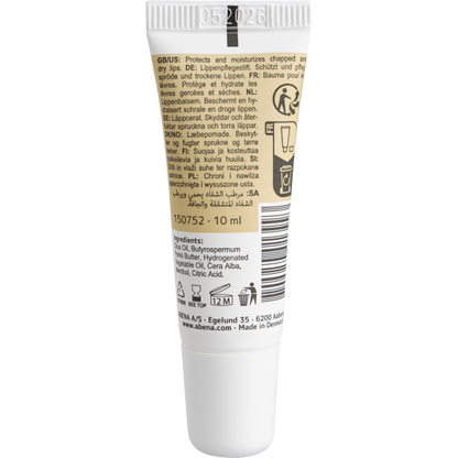 Die weiße 10-ml-Tube der Abena Re-Seller GmbH Lippenpflegesalbe mit beigem Etikett enthält Produktinformationen, Anwendungshinweise in mehreren Sprachen, Inhaltsstoffe, Symbole, eine weiße Kappe und das Verfallsdatum "05 2026" auf der Oberseite; erhältlich in Kartons zu 300 Stück.