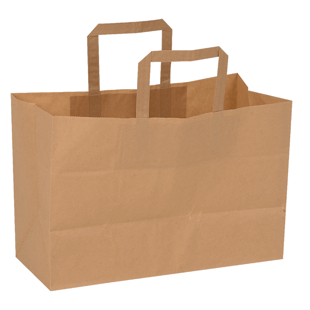 La "borsa di carta con manico" marrone di Abena Re-Seller GmbH è in piedi su uno sfondo bianco - una scelta ecologica per uno shopping sostenibile.