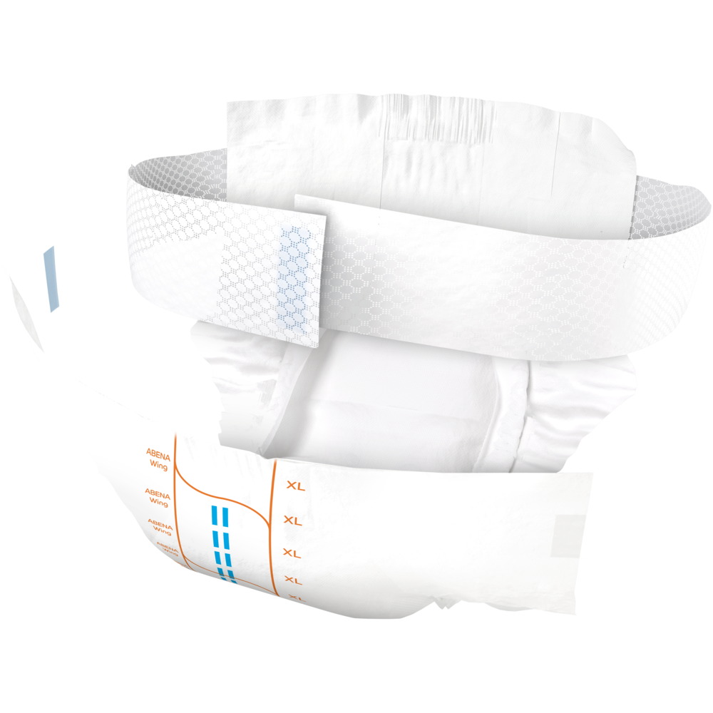 Die ABENA Wing Premium Wegwerfwindel für Erwachsene von Abena Re-Seller GmbH ist isoliert abgebildet und verfügt über verstellbare Seitenlaschen, eine saugfähige Polsterung, einen elastischen Bund und orange und blaue Größenmarkierungen für optimalen Schutz und Komfort.