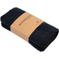 Un set di due panni in microfibra neri ENA Living (30x30 cm) di Abena Re-Seller GmbH, ciascuno piegato con un'etichetta marrone con la scritta "Microfiber Cloths 30 x 30 cm" e un logo minimalista - ideale per l'uso come panni per la pulizia in casa.