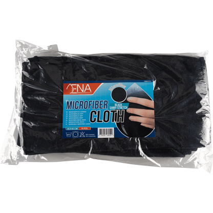Una confezione di panni in microfibra Shiny-Stretch (40x40 cm) di Abena Re-Seller GmbH, con un'etichetta che mostra una mano che tiene il panno e dettagli del prodotto in blu, rosso e bianco sulla confezione.