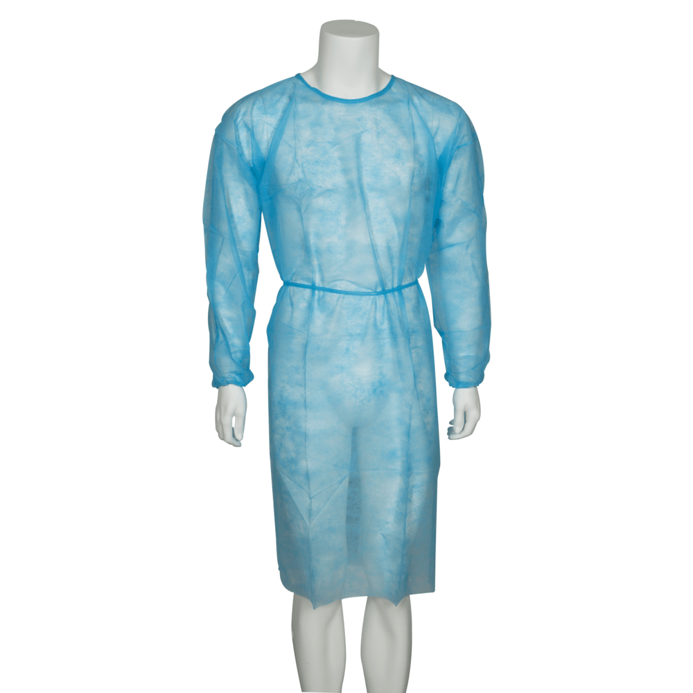 Un manichino modella il camice da visitatore, Nonwoven/PP, blu di Abena Re-Seller GmbH: un camice azzurro, a maniche lunghe con cintura in vita e taglio al ginocchio, progettato per la protezione completa nelle strutture mediche.