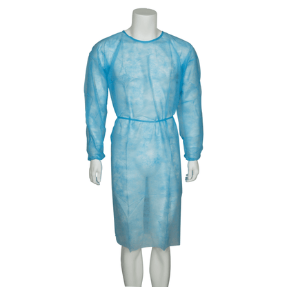 Un manichino modella il camice da visitatore, Nonwoven/PP, blu di Abena Re-Seller GmbH: un camice azzurro, a maniche lunghe con cintura in vita e taglio al ginocchio, progettato per la protezione completa nelle strutture mediche.