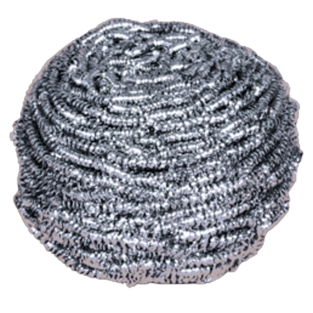 Primo piano di una spirale in acciaio inossidabile Abena Re-Seller GmbH, 60 g, confezione (10 pezzi): una spugna abrasiva rotonda d'argento fatta di fili metallici strettamente avvolti per la pulizia, mostrata su sfondo bianco.