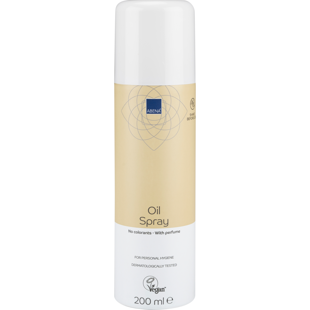 Ein 200 ml zylindrisches Abena Re-Seller GmbH Ölspray, leicht parfümiert, in einer beige-weißen Flasche mit der Aufschrift "Ohne Farbstoffe", "Leicht parfümiert" und "Vegan", mit einer weißen Kappe. Verkauft als Karton (12 Packungen).