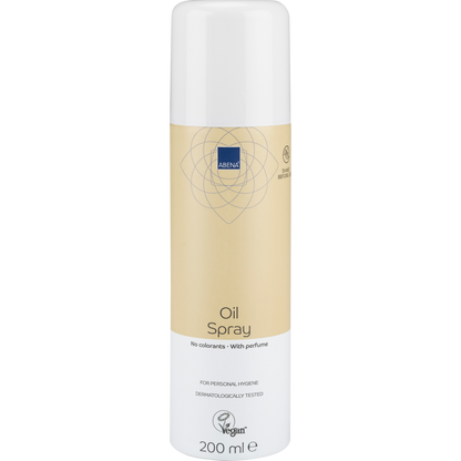 Ein 200 ml zylindrisches Abena Re-Seller GmbH Ölspray, leicht parfümiert, in einer beige-weißen Flasche mit der Aufschrift "Ohne Farbstoffe", "Leicht parfümiert" und "Vegan", mit einer weißen Kappe. Verkauft als Karton (12 Packungen).