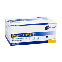 Una scatola di maschere respiratorie Meditrade Respima FFP2 è presentata su uno sfondo semplice. La scatola bianca con dettagli blu mostra che contiene 100 pezzi e porta in alto a destra in modo prominente il nome del marchio Meditrade GmbH, noto per l'equipaggiamento di protezione personale.