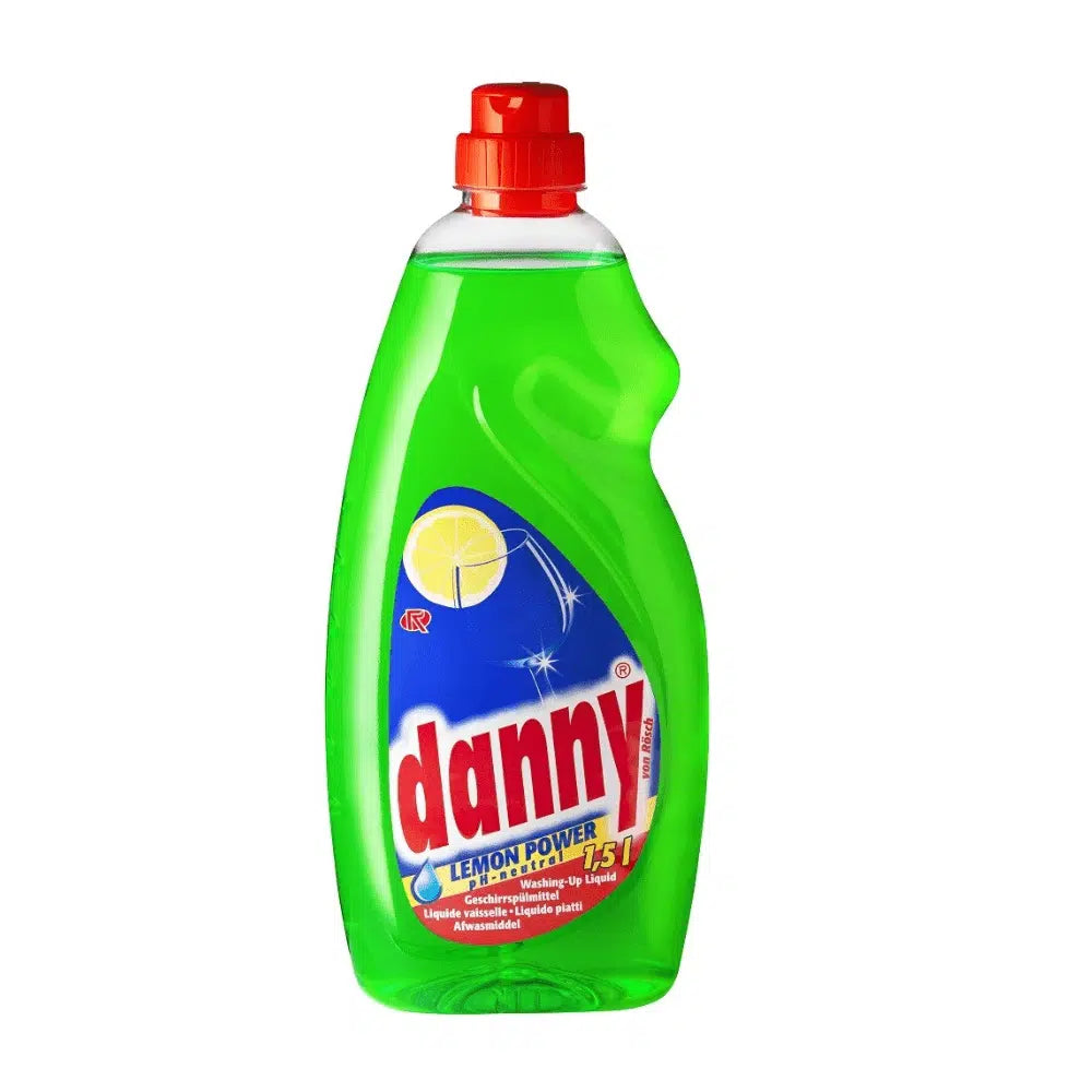 Una bottiglia da 1,5 litri di Rösch Danny Lemon Power detersivo per piatti di Rösch Germany GmbH è disponibile in verde e contiene una formula efficace al profumo di limone. Con un tappo rosso e un'etichetta blu con una grafica di limone, questo detersivo per piatti sottolinea il suo potere sgrassante ed è allo stesso tempo pH-neutro, garantendo una pulizia delicata ma efficace.