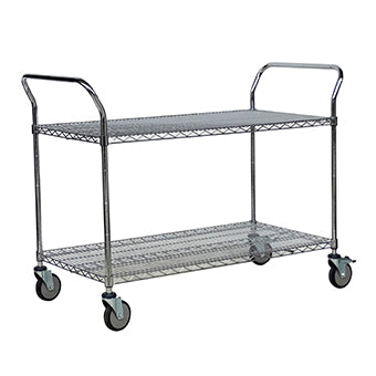 Der Novocal Mehrzweckwagen "Silverline" aus vernickeltem und hochglanzverchromtem Präzisionsstahl verfügt über zwei Gitterböden, vier Lenkrollen und zwei Griffe. Der leere Allzweckwagen ist vor weißem Hintergrund abgebildet.
