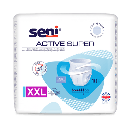 Una confezione da 10 Seni Active Super Inkontinenzpants XXL (circonferenza vita 140-190 cm) di TZMO Deutschland GmbH per debolezza vescicale, con tecnologia AIR traspirante, protezione dall'umidità e etichetta di qualità su fondo bianco.