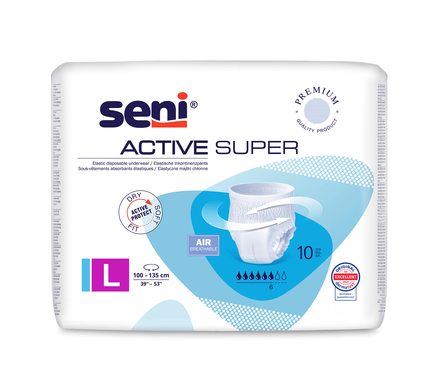 Una confezione di Seni Active Super Inkontinenzpants di TZMO Deutschland GmbH, taglia LL (100-135 cm), con immagini del prodotto, "traspirante" e simboli per l'assorbimento dei liquidi - perfetto per persone con debolezza vescicale.
