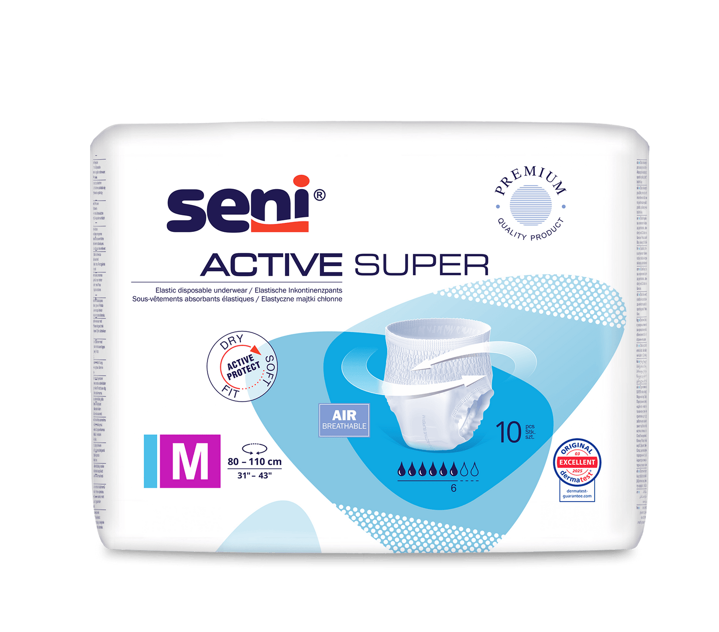 Seni Active Super Inkontinenzpants di TZMO Deutschland GmbH, taglia M (80-110 cm), per debolezza vescicale. Traspirante, con indicatore di umidità e certificati di qualità. Ogni confezione contiene 10 pezzi di biancheria intima monouso.