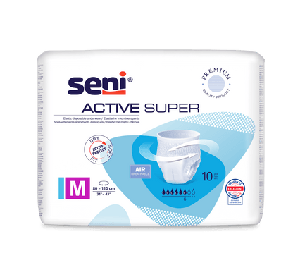 Seni Active Super Inkontinenzpants di TZMO Deutschland GmbH, taglia M (80-110 cm), per debolezza vescicale. Traspirante, con indicatore di umidità e certificati di qualità. Ogni confezione contiene 10 pezzi di biancheria intima monouso.