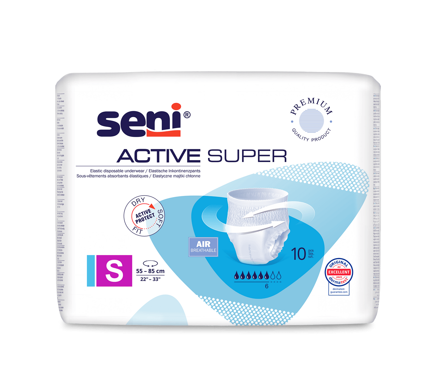 Una confezione da 10 Seni Active Super Inkontinenzpants di TZMO Deutschland GmbH, taglia Small (55-85 cm), viene in una confezione prevalentemente bianca con accenti blu e mette in evidenza gli indicatori di traspirabilità e capacità di assorbimento.