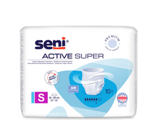 Eine 10er-Packung Seni Active Super Inkontinenzpants von TZMO Deutschland GmbH, Größe Small (55-85 cm), kommt in einer meist weißen Verpackung mit blauen Akzenten und hebt die Indikatoren für Atmungsaktivität und Saugfähigkeit hervor.