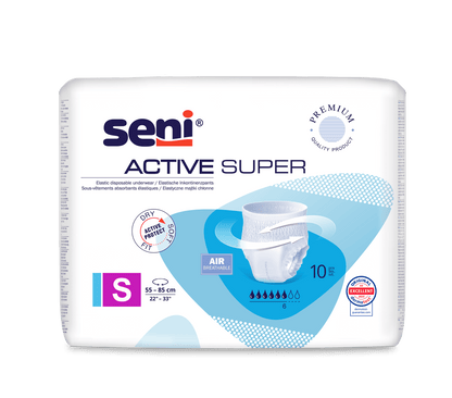 Una confezione da 10 Seni Active Super Inkontinenzpants di TZMO Deutschland GmbH, taglia Small (55-85 cm), viene in una confezione prevalentemente bianca con accenti blu e mette in evidenza gli indicatori di traspirabilità e capacità di assorbimento.