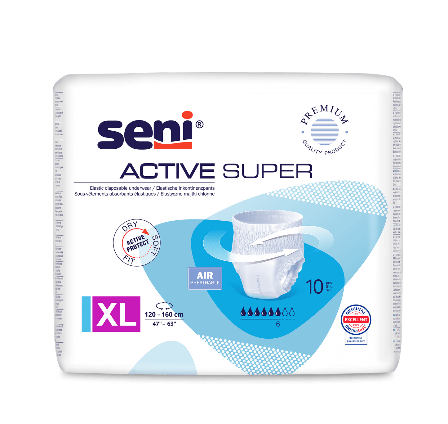 Le Seni Active Super Inkontinenzpants di TZMO Deutschland GmbH offrono la taglia XL (120-160 cm), 10 gocce di capacità di assorbimento, traspirabilità e protezione efficace per la debolezza vescicale. Ha un design blu-bianco con immagine del prodotto.