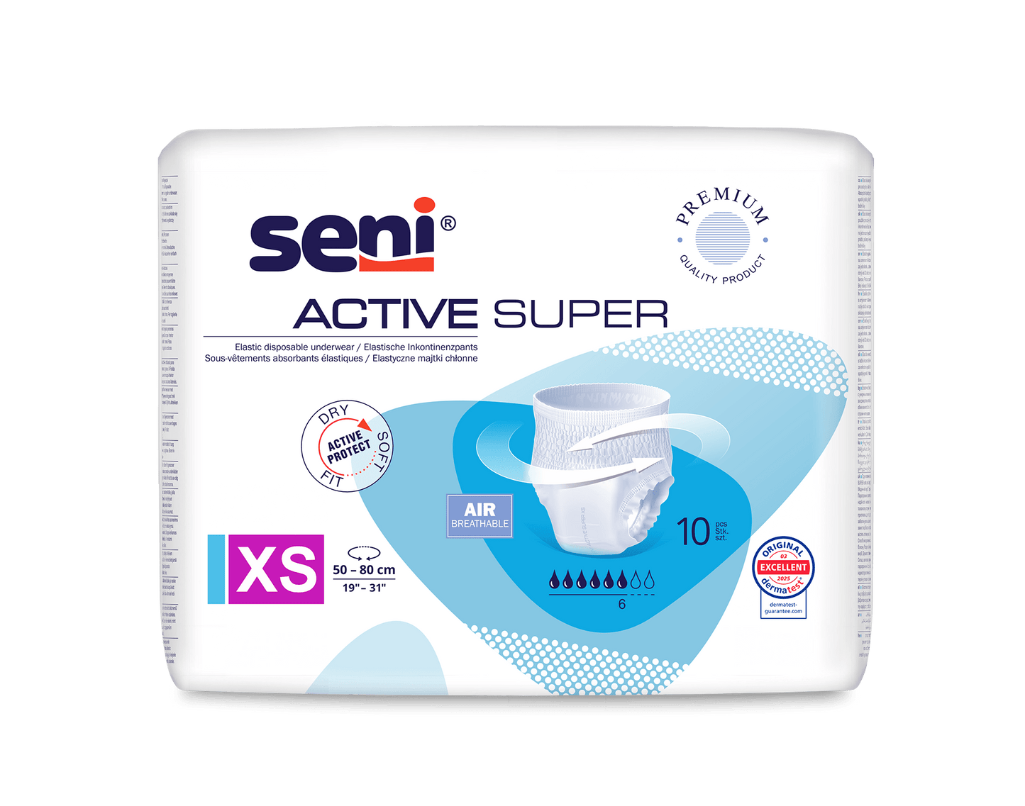 Una confezione di Seni Active Super Inkontinenzpants di TZMO Deutschland GmbH, taglia XS per una circonferenza vita di 50-80 cm. Per debolezza vescicale, si distingue per la traspirabilità e l'asciuttezza e contiene 10 pantaloni in confezione bianco-blu.