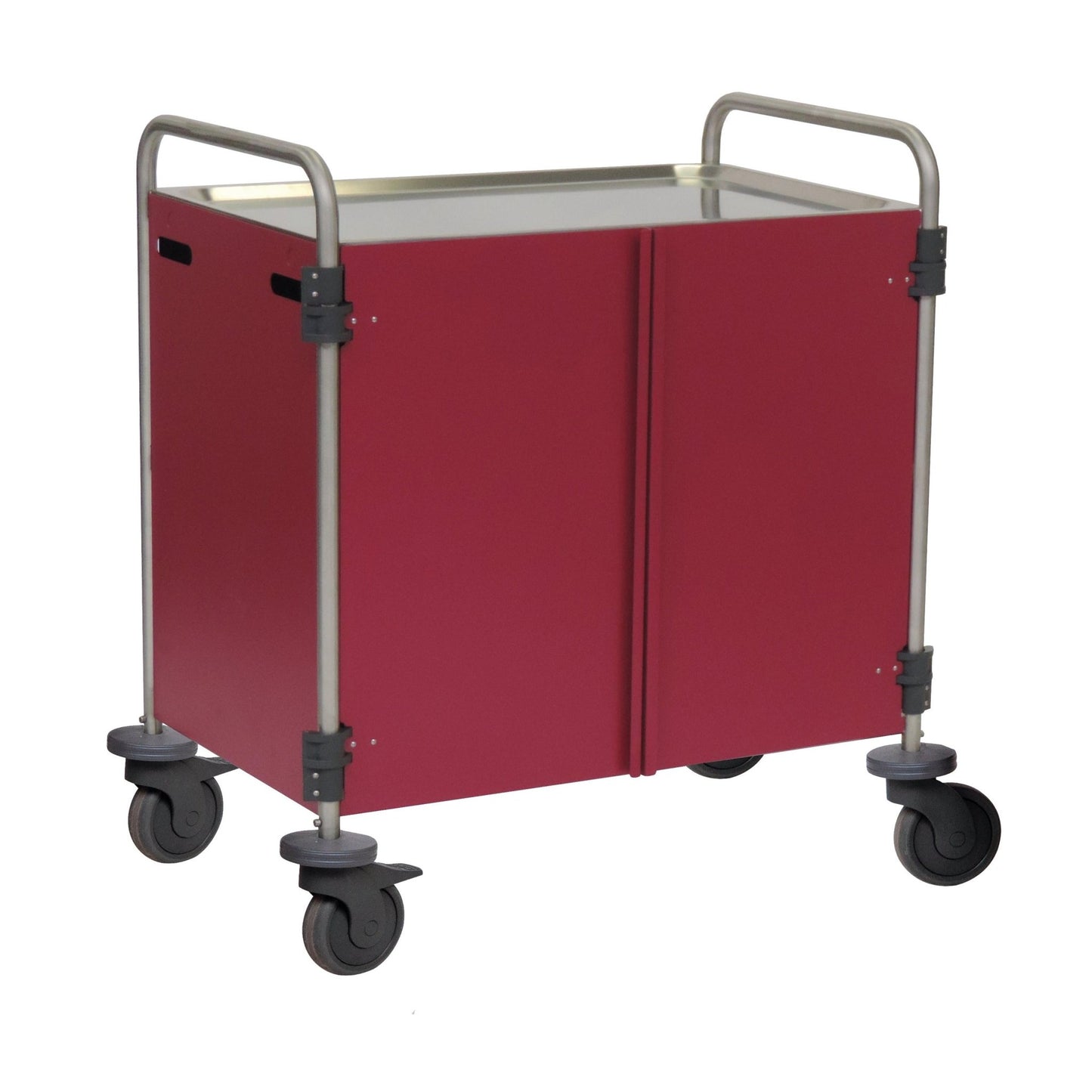 Un carrello multiuso rettangolare Novocal, in acciaio inossidabile su 3 lati, con ante a battente anteriori e maniglie in metallo su ogni lato, dotato di quattro ruote girevoli. Confezione: 1 pezzo.