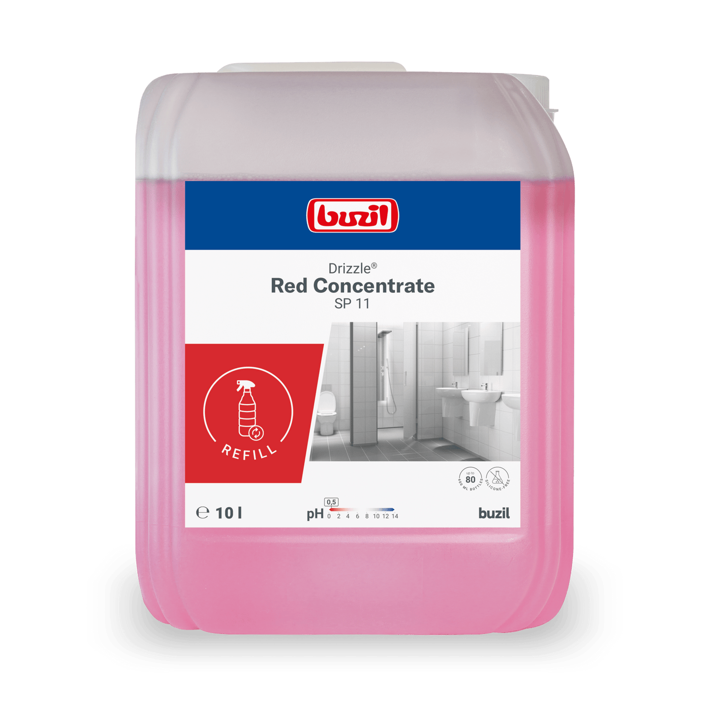 Un contenitore da 10 litri di detergente concentrato Drizzle® Red Sanitärreiniger (rosso) della BUZIL-WERK Wagner GmbH & Co. KG, ideale per la pulizia di bagni e sanitari, è dotato di un'etichetta con immagini del bagno e istruzioni dettagliate per l'uso.