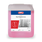 Un contenitore da 10 litri di detergente concentrato Drizzle® Red Sanitärreiniger (rosso) della BUZIL-WERK Wagner GmbH & Co. KG, ideale per la pulizia di bagni e sanitari, è dotato di un'etichetta con immagini del bagno e istruzioni dettagliate per l'uso.
