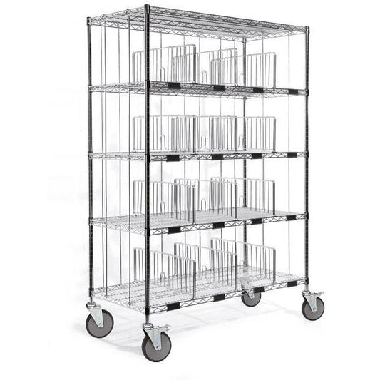 Der Novocal Sortierregalwagen verfügt über vier Präzisionsstahl-, vernickelte und hochglanzverchromte Fachböden mit vertikalen Trennwänden für eine vielseitige Organisation. Seine großen Räder sorgen für hervorragende Mobilität in jeder Umgebung.
