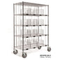 Il carrello di smistamento Novocal in acciaio di precisione, nichelato e cromato a specchio, ha 5 ripiani con divisori in filo, 4 grandi ruote ed è ideale per l'organizzazione. Testo: "IMMAGINE ESEMPIO 5 ripiani, 16 scomparti."