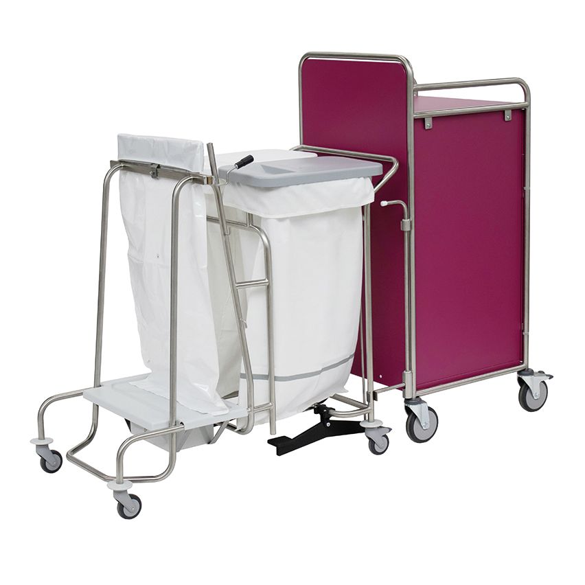 Il carrello di stazione Novocal dispone di un rivestimento color castagno, un telaio in acciaio inossidabile completamente saldato, ruote e un portaborse in plastica bianca con coperchio - perfetto per la raccolta efficiente dei rifiuti o della biancheria nel settore sanitario.