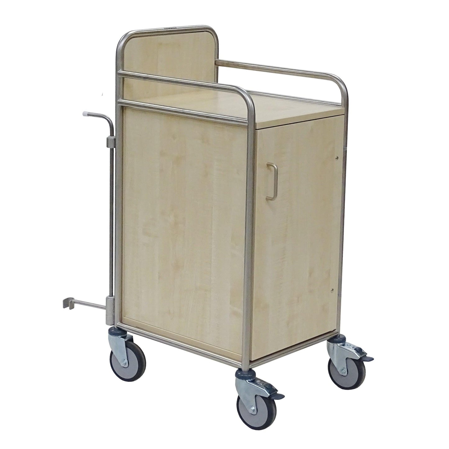 Il carrello della stazione Novocal è composto da un robusto telaio in acciaio inossidabile con giunti rotondi completamente saldati, un armadietto con maniglia, quattro ruote girevoli (due delle quali con freno) e guide posteriori e laterali rialzate per maggiore comfort e stabilità.