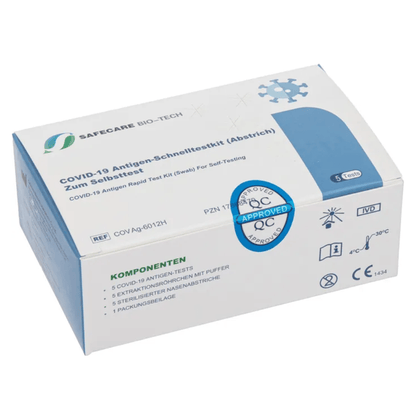 Una scatola blu-bianca con la scritta "Safecare Laientest 5er COVID-19 Antigen Rapid Test | Confezione (5 pezzi)" di Safecare. Questo kit di autotest contiene cinque test, è certificato CE e fornisce risultati in soli 15 minuti con istruzioni di conservazione tra 2 °C e 30 °C.