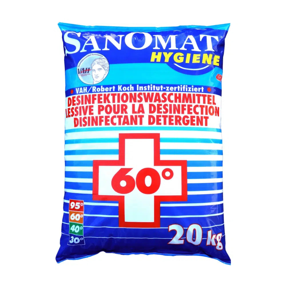 Un sacchetto blu con la scritta „Rösch Sanomat Detergente Disinfettante“ è contrassegnato sul davanti con una croce rossa e „60°“, indicando così l'uso come disinfettante da 20 kg. Il prodotto della Rösch Germany GmbH è elencato nel RKI e certificato VAH, le informazioni sono disponibili in tedesco e francese.